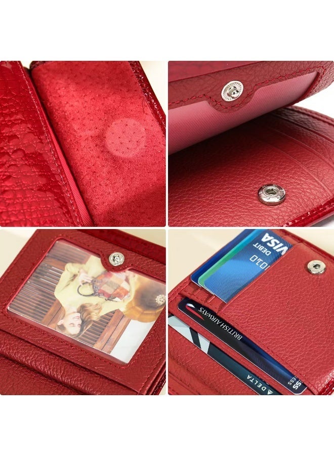 Yoze Red Patent Leather Croco-Embossed Cowhide Wallet for Women，red patent leather wallet，croco embossed wallet，genuine cowhide wallet，vintage retro wallet，women's short wallet，patent red croco wallet， - Image 3